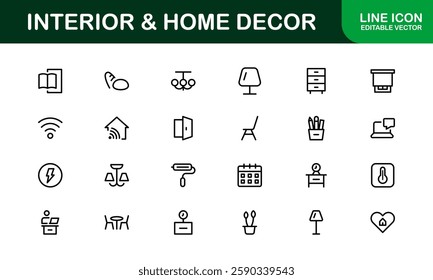 Home Decor and Interior Design Icon Pack. Perfect Icons for Living Spaces, Decoration, and Home Styling