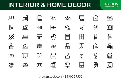 Home Decor and Interior Design Icon Pack. Perfect Icons for Living Spaces, Decoration, and Home Styling