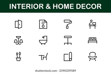 Home Decor and Interior Design Icon Pack. Perfect Icons for Living Spaces, Decoration, and Home Styling