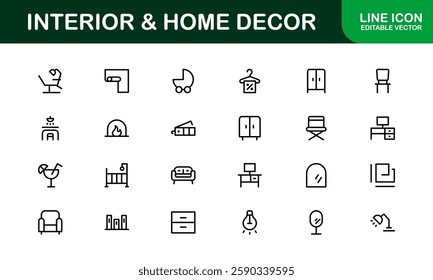 Home Decor and Interior Design Icon Pack. Perfect Icons for Living Spaces, Decoration, and Home Styling