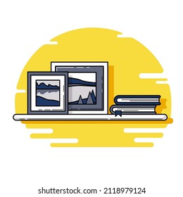 Home decor items and books on the shelf are Flat style. Vector illustration. Icon. Home interior