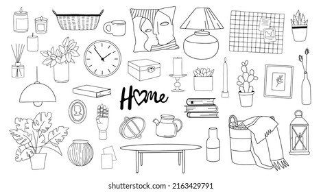 Home decor items set. Interior items for home decoration. Vector linear elements isolated on white background