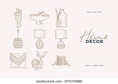 Home decor line art drawing. Doodle illustration. Stay home. Minimal vintage style. Doodle plant vector illustration. Pure nature organic brush. Line drawing. Eco product emblem.