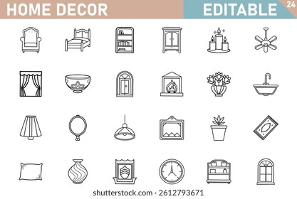 Home Decor Line Art Vector Icons Set For Interior Design Elements