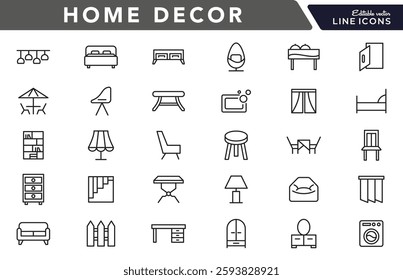 Home Decor line icon set. Kitchen, living room, decoration, bedroom, interior design, dishes, devices, finishing, household, appliances, stylish line icon set. UI thin line icon pack.