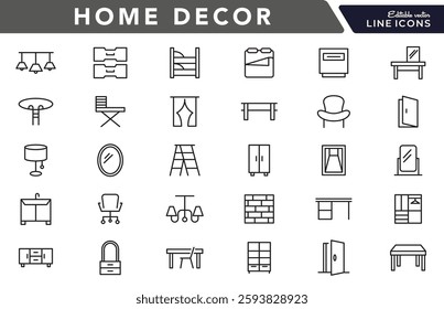 Home Decor line icon set. Kitchen, living room, decoration, bedroom, interior design, dishes, devices, finishing, household, appliances, stylish line icon set. UI thin line icon pack.