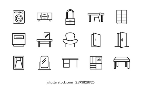 Home Decor line icon set. Kitchen, living room, decoration, bedroom, interior design, dishes, devices, finishing, household, appliances, stylish line icon set. UI thin line icon pack.