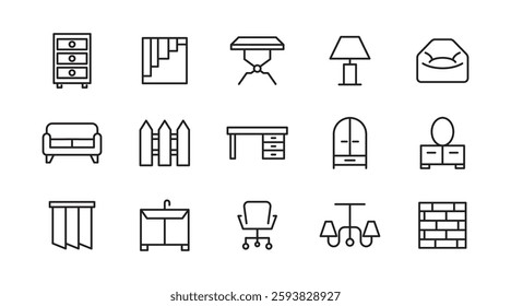 Home Decor line icon set. Kitchen, living room, decoration, bedroom, interior design, dishes, devices, finishing, household, appliances, stylish line icon set. UI thin line icon pack.