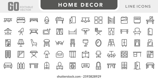 Home Decor line icon set. Kitchen, living room, decoration, bedroom, interior design, dishes, devices, finishing, household, appliances, stylish line icon set. UI thin line icon pack.