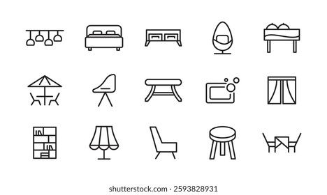 Home Decor line icon set. Kitchen, living room, decoration, bedroom, interior design, dishes, devices, finishing, household, appliances, stylish line icon set. UI thin line icon pack.