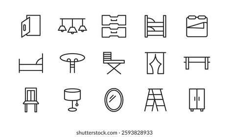 Home Decor line icon set. Kitchen, living room, decoration, bedroom, interior design, dishes, devices, finishing, household, appliances, stylish line icon set. UI thin line icon pack.