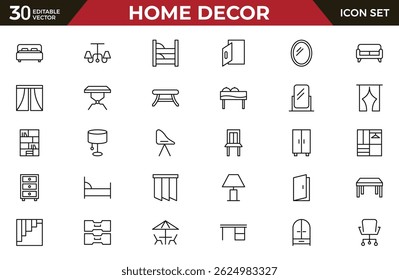Home Decor line icon set. Kitchen, living room, decoration, bedroom, interior design, dishes, devices, finishing, household, appliances, stylish line icon set