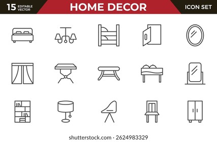 Home Decor line icon set. Kitchen, living room, decoration, bedroom, interior design, dishes, devices, finishing, household, appliances, stylish line icon set