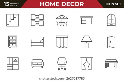 Home Decor line icon set. Kitchen, living room, decoration, bedroom, interior design, dishes, devices, finishing, household, appliances, stylish line icon set