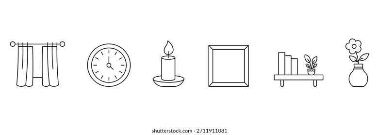 Home and decor line icon set. Interior design icon set for home. Essential household and furniture minimalist icons.