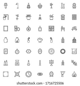 Home decor line icons set. linear style symbols collection, outline signs pack. Interior decoration vector graphics. Set includes icons as houseplant, bookshelf, desk lamp, wall picture, curtain, rug