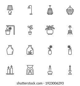 Home decor line icons set, outline vector symbol collection, linear style pictogram pack. Signs, logo illustration. Set includes icons as table lamp, chandelier, houseplant, flower pot, vase, candles