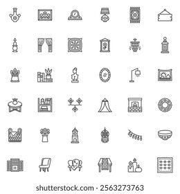 Home decor line icons set. linear style symbols collection, outline signs pack. Interior decorations vector graphics. Set includes icons as decorative vase, picture frame, furniture, table lamp, clock