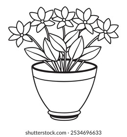 Home decor. Line sketch of flowers in pots, Drawing vector black. Cacti and succulents. Italian herbs and spices in pots