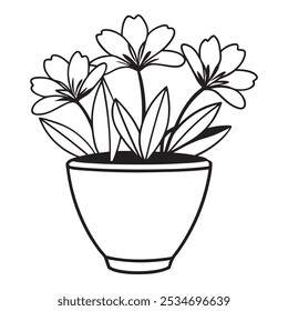 Home decor. Line sketch of flowers in pots, Drawing vector black. Cacti and succulents. Italian herbs and spices in pots