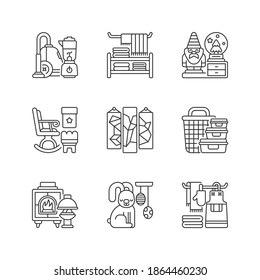 Home decor linear icons set. House appliances. Decorative figurines. Household textile. Rocking chair. Customizable thin line contour symbols. Isolated vector outline illustrations. Editable stroke