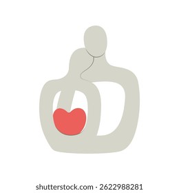 Home Decor. Minimalist abstract illustration of people hugging with heart symbol representing love, care and family bond. Perfect for cards, posters, design projects.