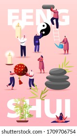 Home Decor Oriental Philosophy Concept. Feng Shui Consultant Characters Rearrange Space for Positive Energy Flow, Tiny People Decorating Interior Poster Banner Flyer. Cartoon Vector Illustration