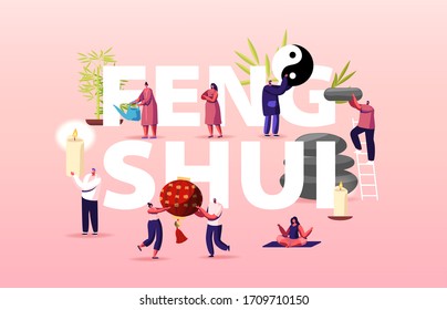 Home Decor Oriental Philosophy Concept. Feng Shui Consultant Characters Rearrange Space for Positive Energy Flow, Tiny People Decorating Interior Poster Banner Flyer. Cartoon Vector Illustration