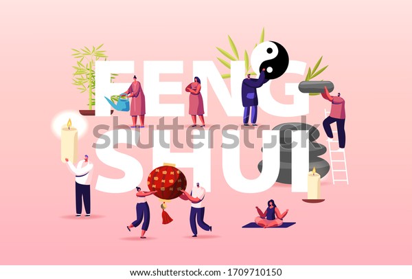 Home Decor Oriental Philosophy Concept. Feng\
Shui Consultant Characters Rearrange Space for Positive Energy\
Flow, Tiny People Decorating Interior Poster Banner Flyer. Cartoon\
Vector Illustration