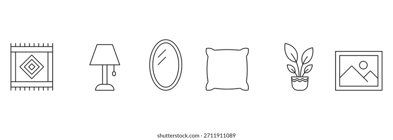 Conjunto de iconos de contorno de hogar y decoración. Conjunto de iconos de diseño de interiores para el hogar. Iconos minimalistas esenciales del hogar y de los muebles.