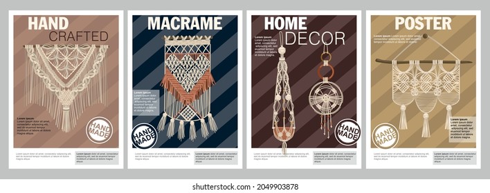 Cartel de decoración del hogar con artículos hechos a mano en forma de macrame ilustración vectorial aislada