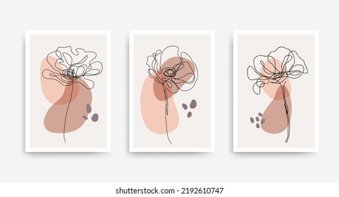 Home decor print wall art vector set. Wall decor with flowers in boho style. Botanical abstract terracotta wall art set design for prints, wallpaper, posters. Minimal Mid Century Modern style vector