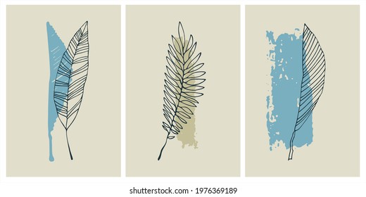 Home decor printable art. Set of realistic hand drawn vector illustrations of tropical leaves on abstract backgrounds with brushstroke textures. Contemporary design for prints, posters, cards, textile