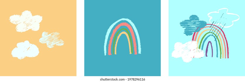 Home decor printable art. Set of hand drawn vector illustrations of sky, white clouds, rainy clouds, rainbow. Childs drawing style. Contemporary design for prints, posters, kids stationery, textile
