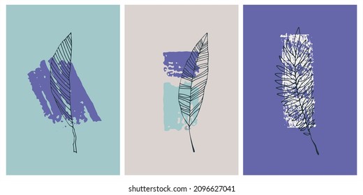 Eigene Dekoration druckbare Kunst. Set von realistischen handgezeichneten tropischen Blättern auf sehr peri Farben der 2022 Hintergründe mit Pinselstrich Texturen. Design für Drucke, Poster, Karten