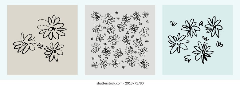Home decor printable line art. Set of hand drawn vector illustrations of wild flowers in ditsy style. Contemporary design for prints, posters, cards, textile