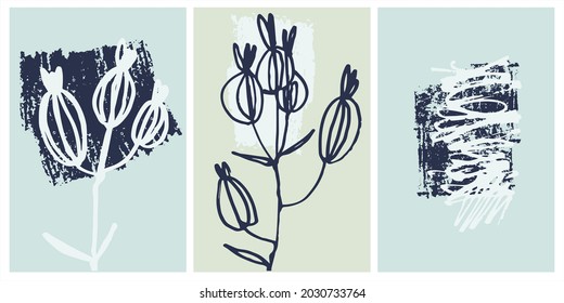 Home decor printable line art. Set of hand drawn burdocks on backgrounds with brushstroke textures. Contemporary design for prints, posters, cards, textile