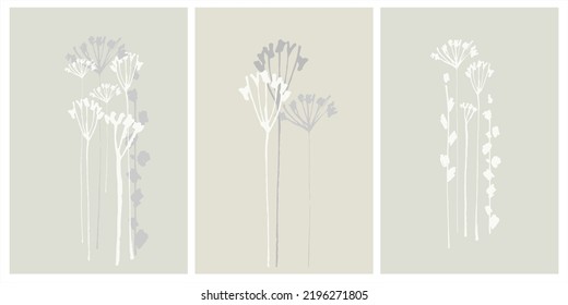 Decoración del hogar arte de la línea imprimible. Conjunto de pinturas de flores con pincel vectorial dibujado a mano con texturas de pinceladas. Diseño contemporáneo para impresiones, carteles, tarjetas, textiles