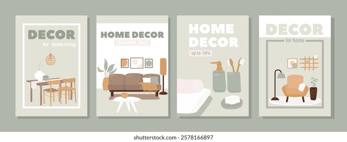 Home decor sale, special discount offer in furniture store market, promotion shop backgrounds set. house furnishing and decoration, interior design renovation advertisement vector illustration