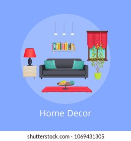 Home decor sample, bright interior, colorful card isolated on blue, vector illustration, black sofa, red carpet and louver, decor shelf, cute tree