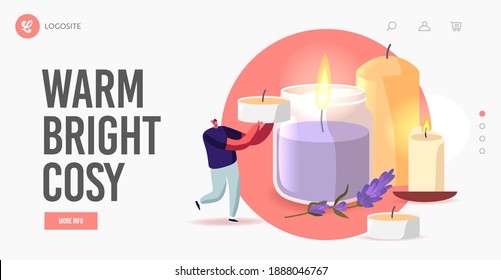 Home Decor, Scented Candle Landing Page Template. Tiny Male Character Carry Candle near Huge Ceramics and Glass Candlesticks with Burning Candles. Aroma Therapy Recreation. Cartoon Vector Illustration