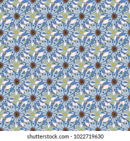 Home decor. Seamless pattern with fantasy flowers, natural wallpaper, yellow, neutral and blue floral decoration curl illustration. Vector paisley print hand drawn elements.