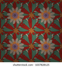 Home decor. Seamless pattern with fantasy flowers, natural wallpaper, red, brown and green floral decoration curl illustration. Vector paisley print hand drawn elements.