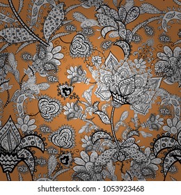 Home decor. Seamless pattern with fantasy flowers, natural wallpaper, floral decoration curl illustration. Paisley print hand drawn elements.