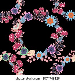 Home decor. Seamless pattern with fantasy flowers, natural wallpaper, pink, blue and violet floral decoration curl illustration. Vector paisley print hand drawn elements.