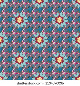 Home decor. Seamless pattern with fantasy flowers, natural wallpaper, blue, green and pink floral decoration curl illustration. Vector paisley print hand drawn elements.