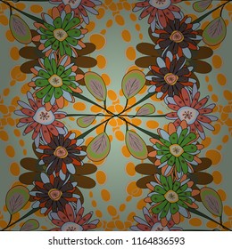 Home decor. Seamless pattern with fantasy flowers, natural wallpaper, green, blue and yellow floral decoration curl illustration. Vector paisley print hand drawn elements.