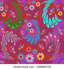 Home decor. Seamless pattern with fantasy flowers, natural wallpaper, purple, magenta and brown floral decoration curl illustration. Vector paisley print hand drawn elements.