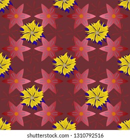 Home decor. Seamless pattern with fantasy flowers, natural wallpaper, red, orange and brown floral decoration curl illustration. Vector paisley print hand drawn elements.