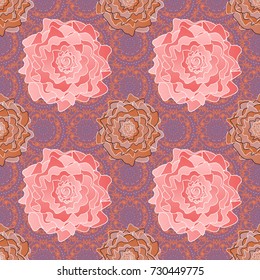 Home decor. Seamless pattern with fantasy flowers, natural wallpaper, pink, purple and orange floral decoration curl illustration. Vector paisley print hand drawn elements.